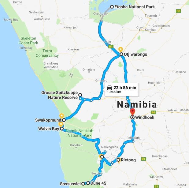 Route through Namibia